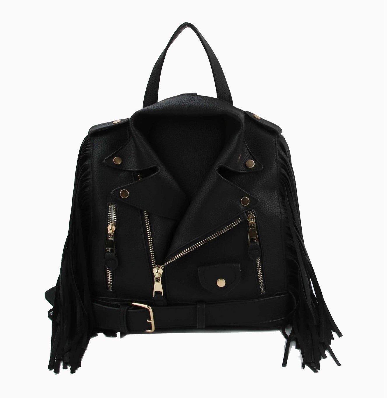 Noor Moto Jacket-Style Backpack with Fringe Black