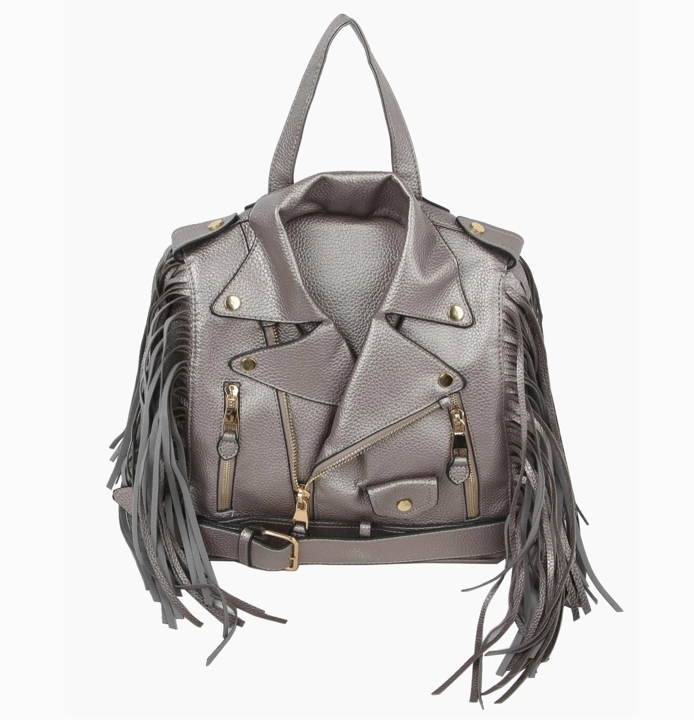 Noor Moto Jacket-Style Backpack with Fringe Silver