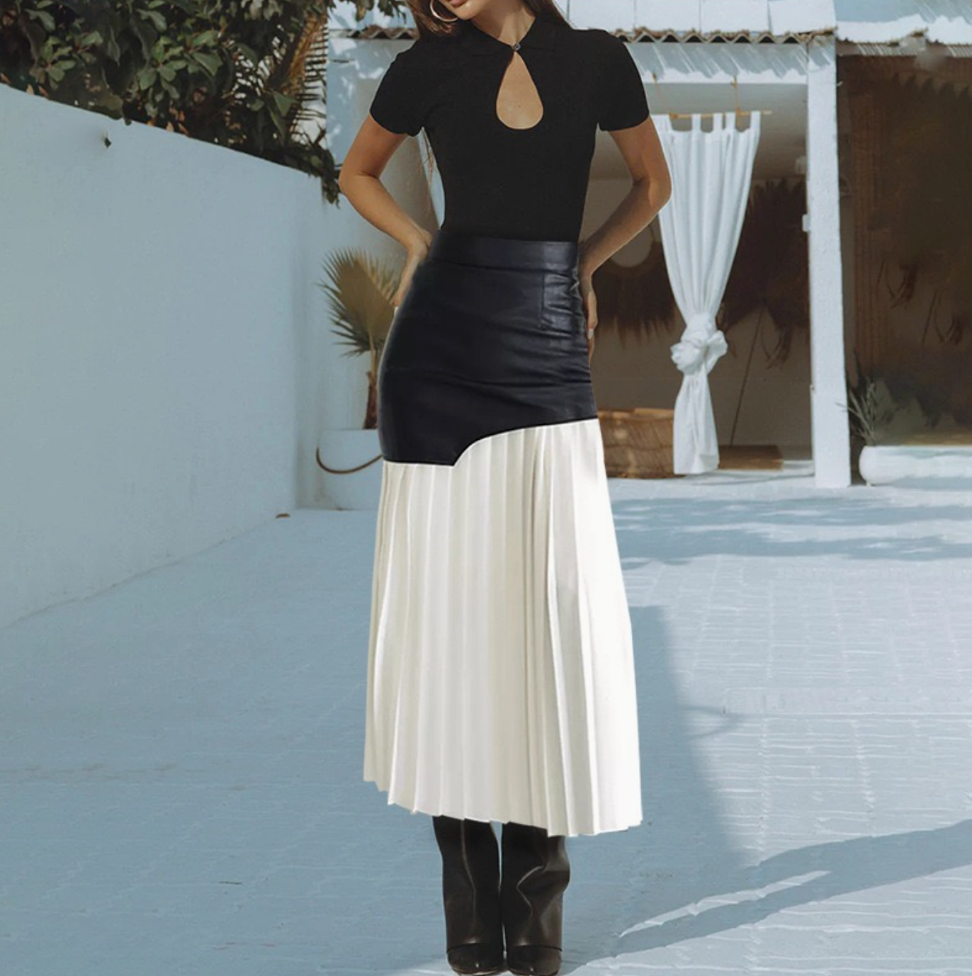 Parris Contrast Faux Leather Pleated Midi Skirt