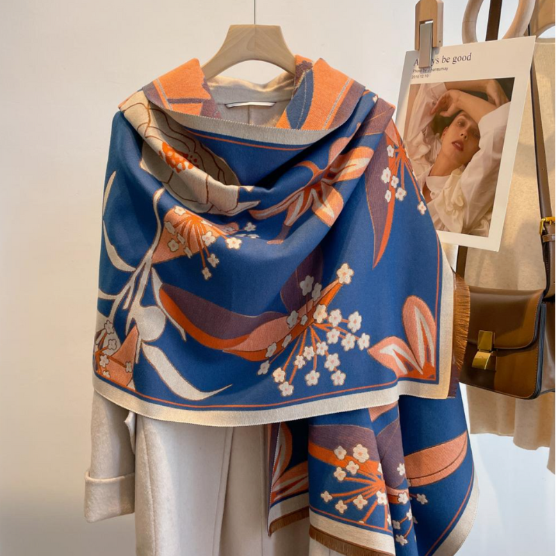 Pompotin Cozy Cashmere Feel Travel Blue/Orange Reversible Shawl