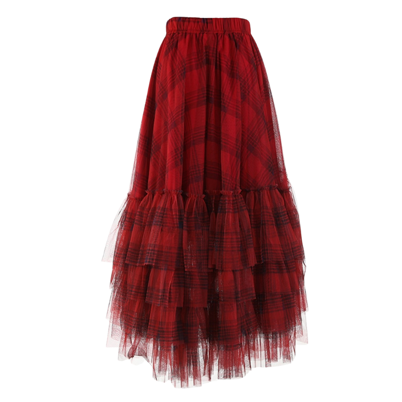 Rythmera Plaid Asymmetric Layered High Low Tulle Skirt