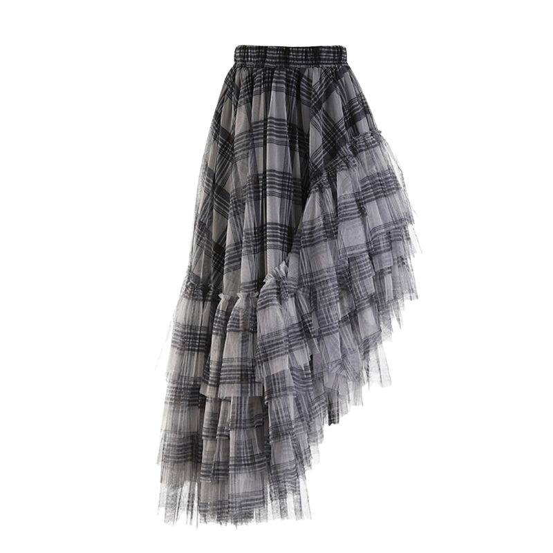 Rythmera Plaid Asymmetric Layered High Low Tulle Skirt