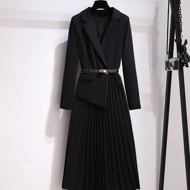 Sahar Women Blazer Pleated Dress with Genius Leather Belt