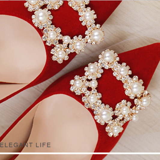 Sylthra Red Velvet Pearl Rhinestone Stilettos