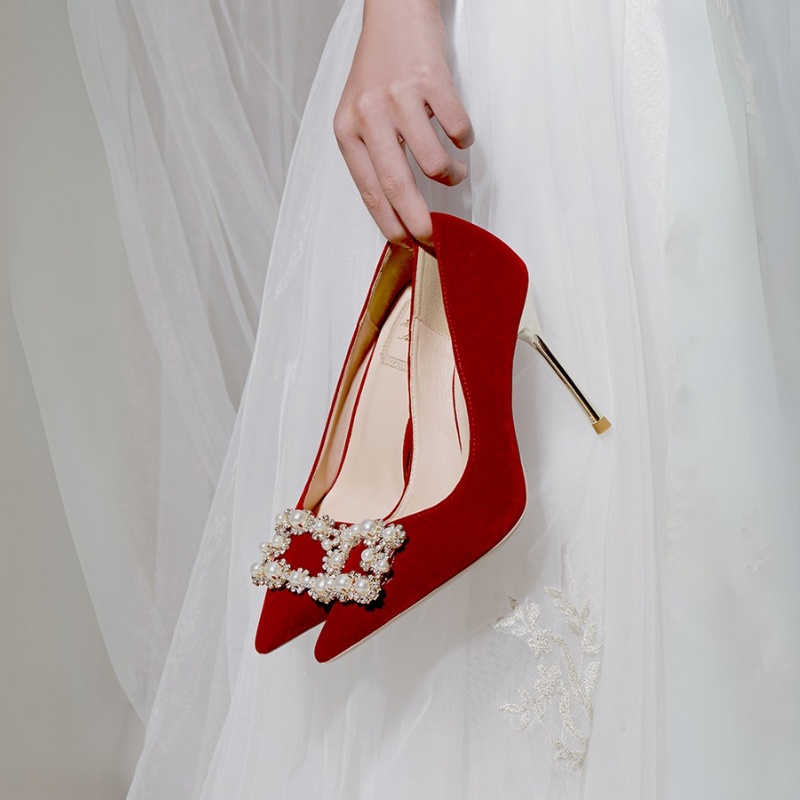 Sylthra Red Velvet Pearl Rhinestone Stilettos