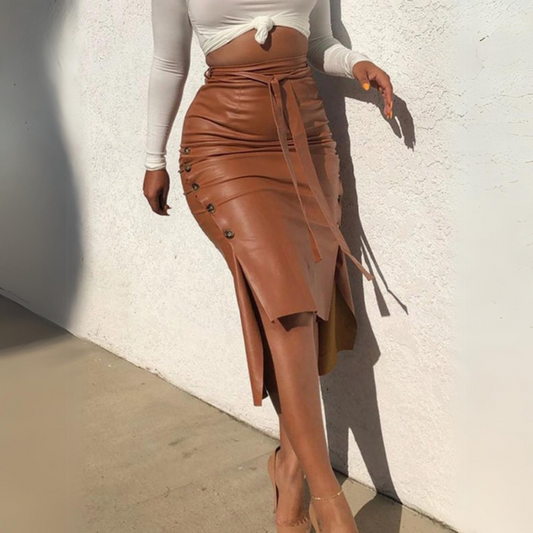 Tatiana Faux Leather Pencil Bodycon Hi-Low Midi Skirt