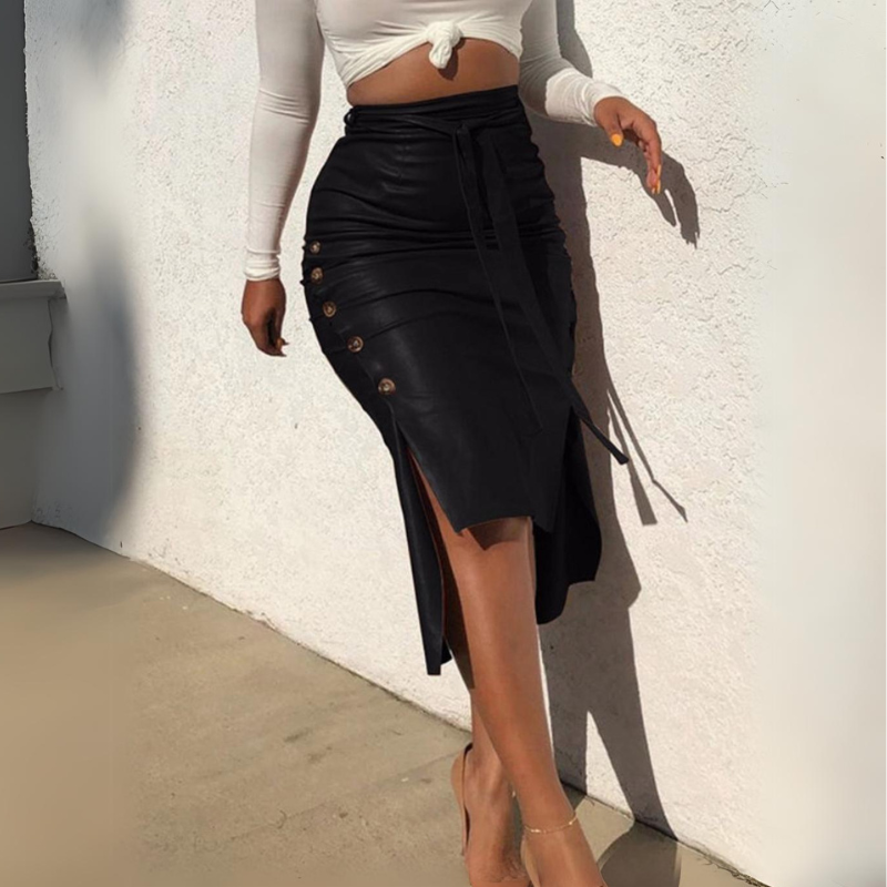 Tatiana Faux Leather Pencil Hi-Low Midi Skirt