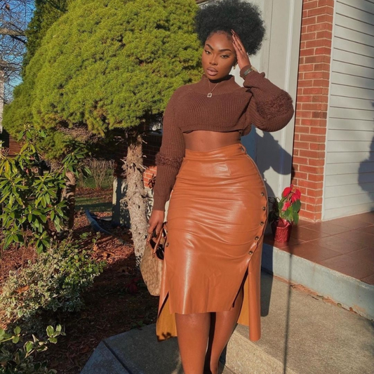 Tatihana Faux Leather Pencil Bodycon Hi-Low Midi Skirt