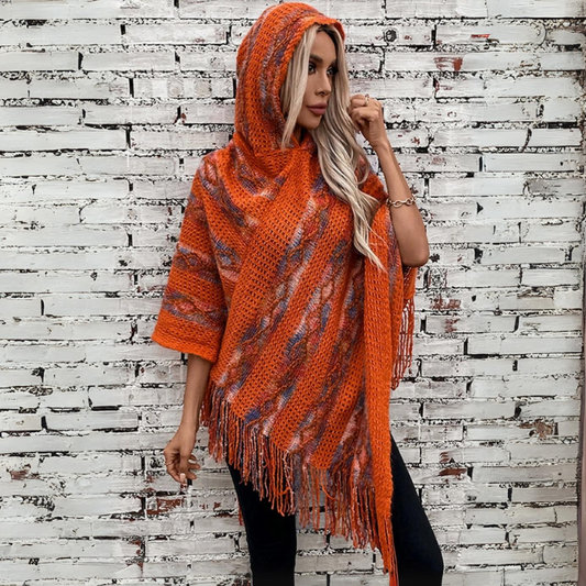 Taurynelle Striped Hooded Knitted Fringed Cape Shawl