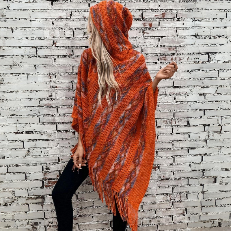 Taurynelle Striped Hooded Knitted Fringed Cape Shawl