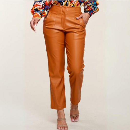 Thea Faux Leather Slim Fit Pants Camel