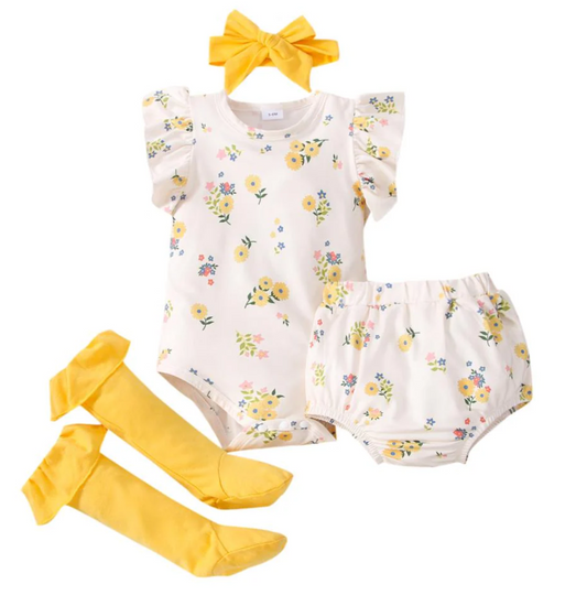 Tiffany 4 Piece Baby Girls Floral Romper Shorts Headband Socks set: 1 charming Romper, 1 pair of Shorts for easy movement, 1 cute Headband for extra flair, and 1 pair of Socks for snug comfort.