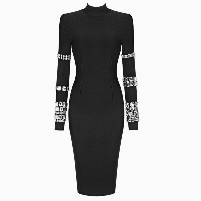 Velka Studded Long Sleeve Mock Neck Knit Dress