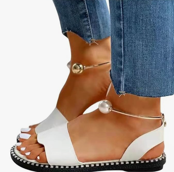 Kenya Open Toe Pearl and Gold Sandals Flats Ankle Metallic Ring Slides Comfort Walking Shoes