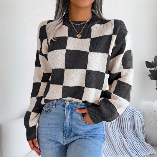 Yara Contrast  Plaid Long-Sleeved Knitted Sweater Black