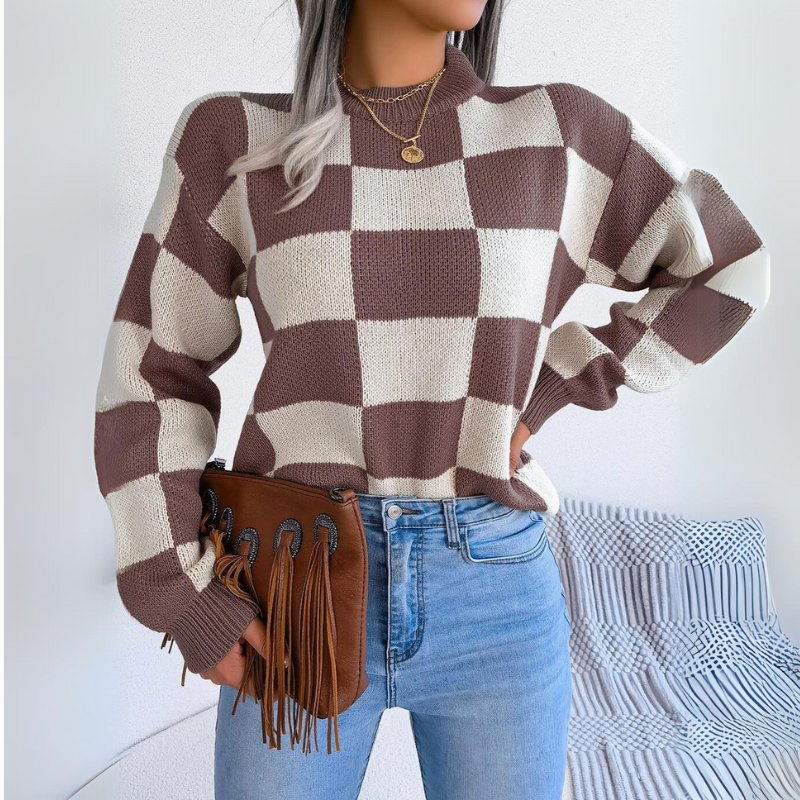 Yara Contrast Plaid Long-Sleeved Knitted Sweater