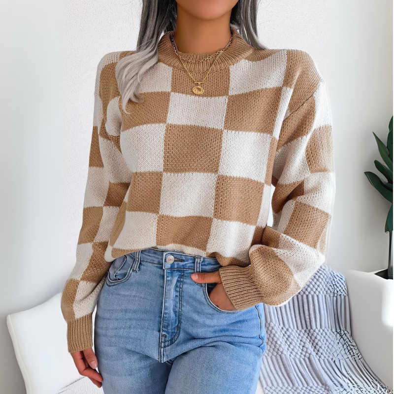 Yara Contrast  Plaid Long-Sleeved Knitted Sweater Khaki