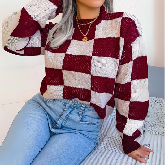 Yara Contrast  Plaid Long-Sleeved Knitted Sweater Red
