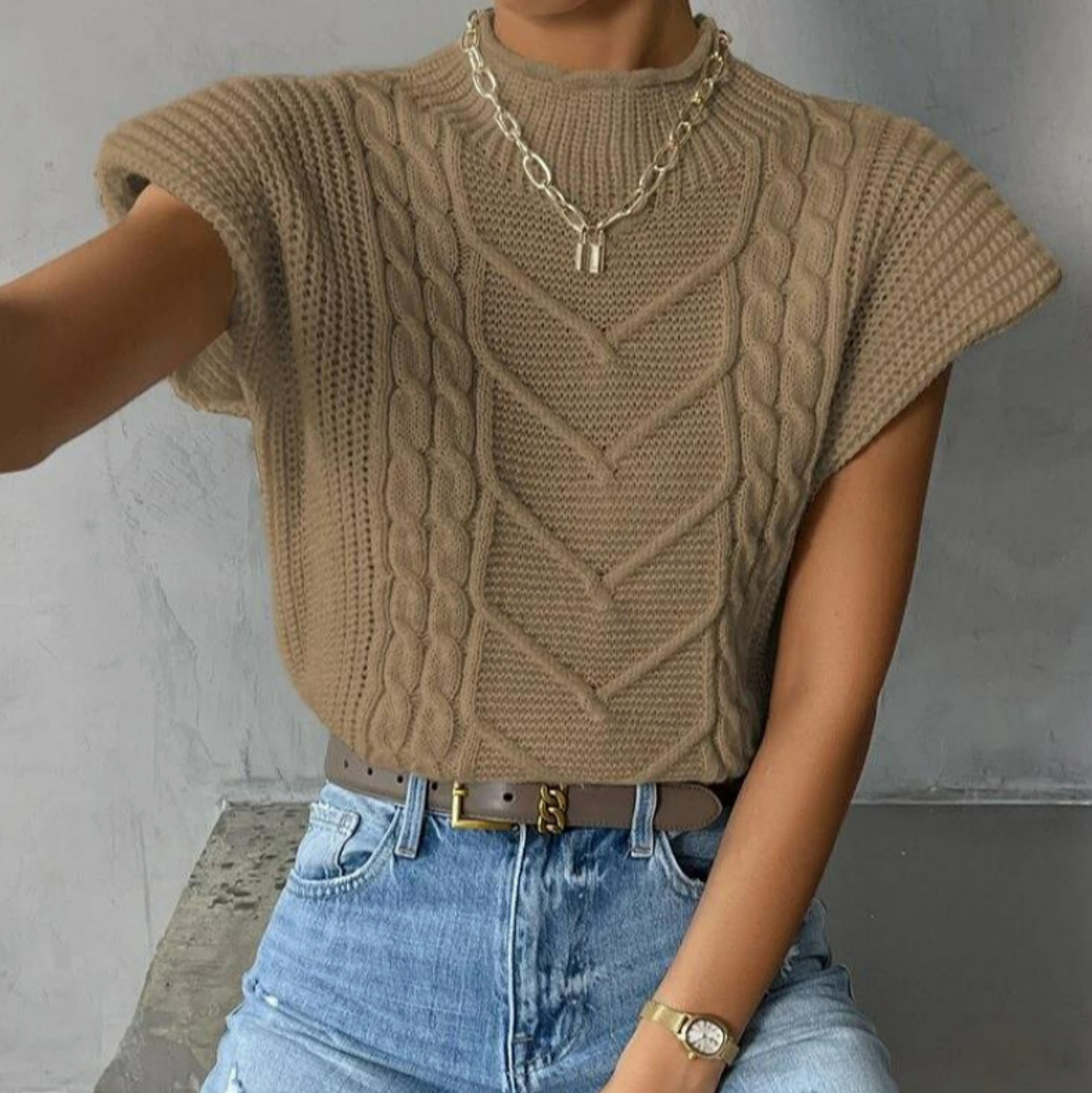 Yvette Mock Neck Short Sleeve Cable Sweater