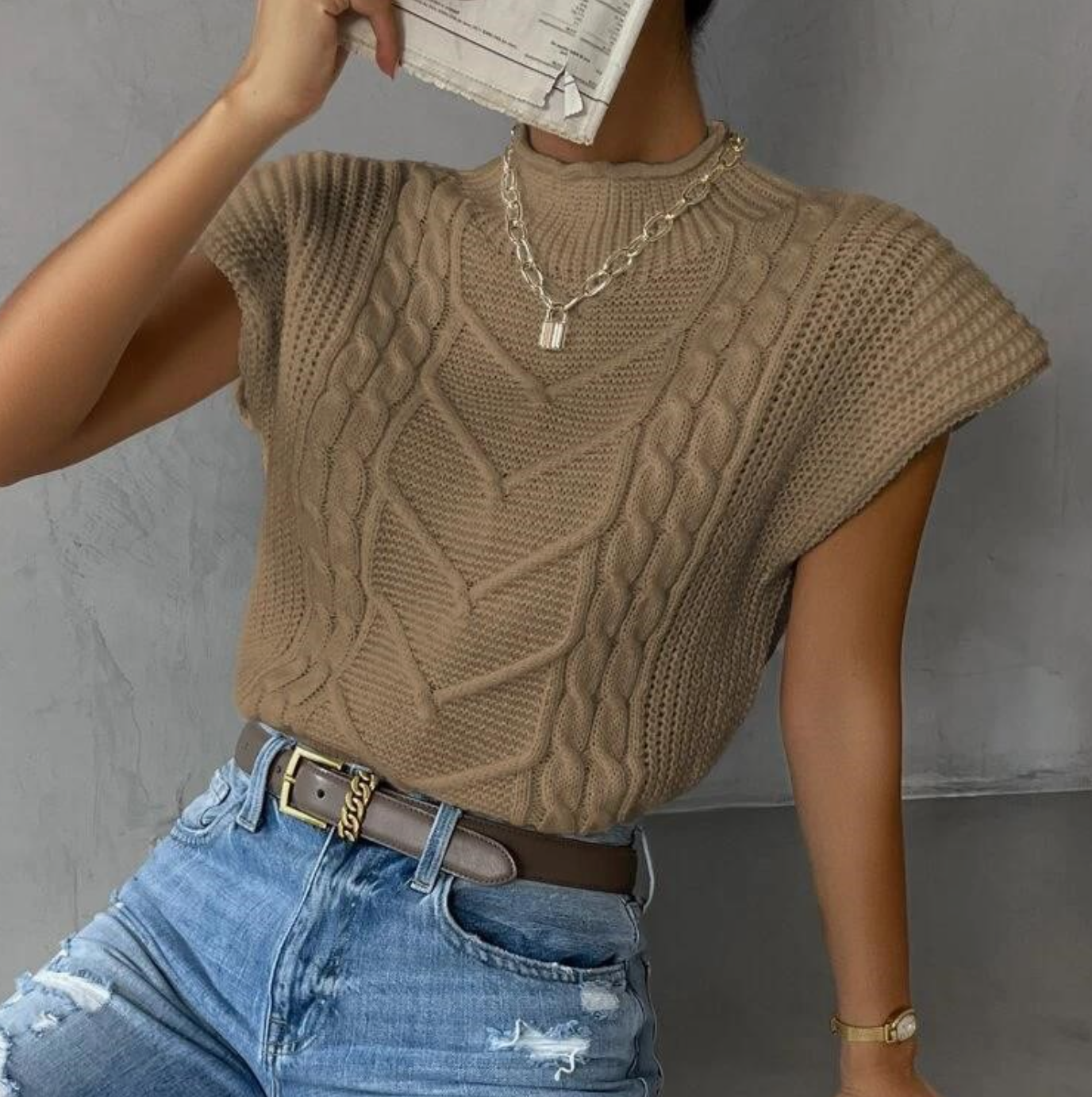 Yvette Mock Neck Short Sleeve Cable Sweater