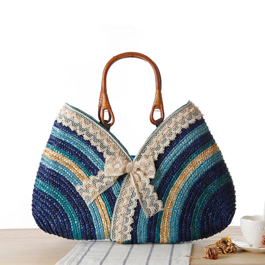 Pebbles Wheat Straw Blue Stripes Straw Bag Rattan Bag Garden Handbag