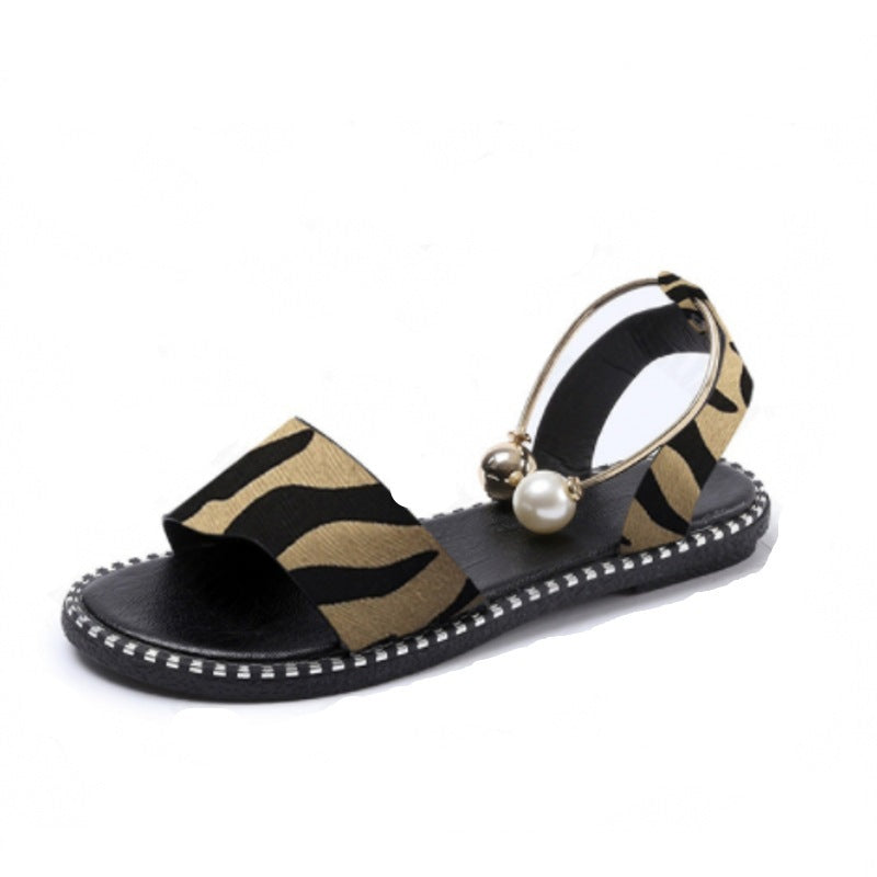 Kenya Open Toe Pearl and Gold Sandals Flats Ankle Metallic Ring Slides Comfort Walking Shoes