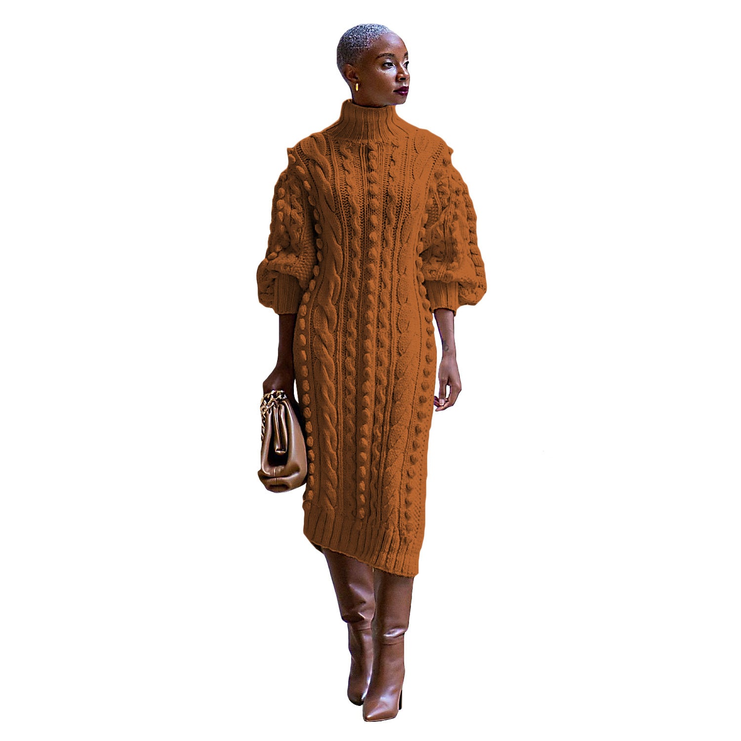 Ariaxa Cable Turtleneck Knitted Pom Pom Maxi Dress