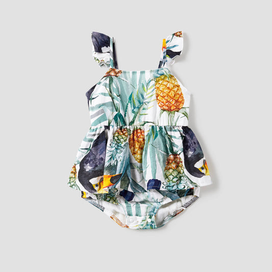 Family Matching Colorblock T-Shirt and Pineapple Strap Dress