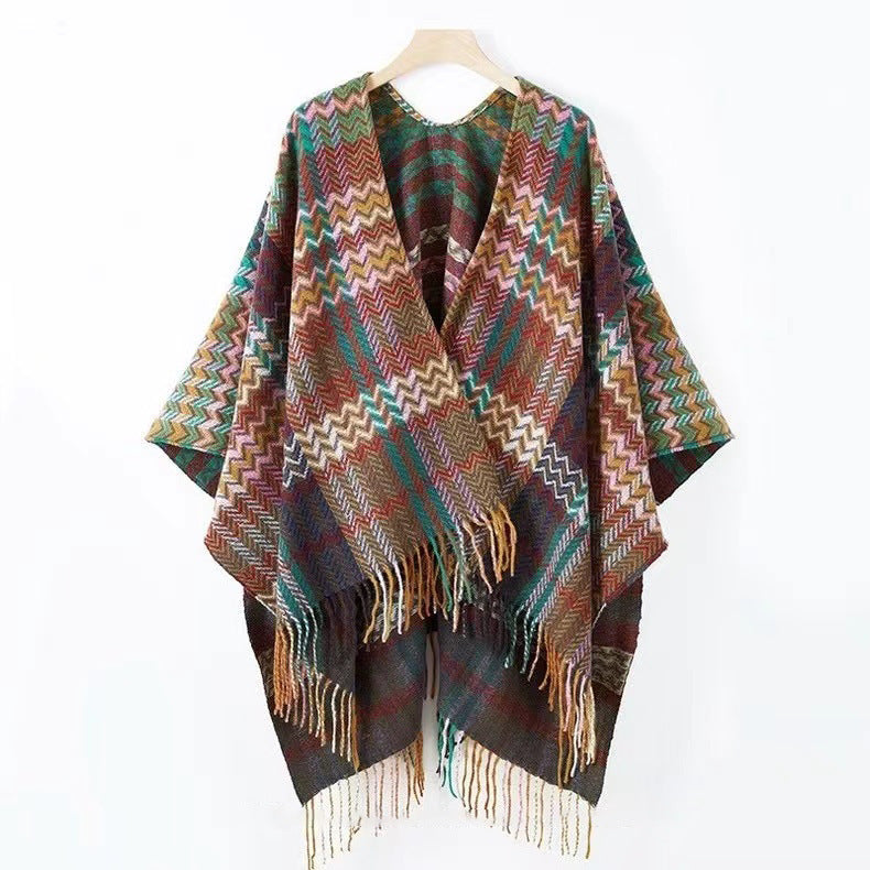 Velocita  Bohemian Western Ethnic Plaid Tassel Kimono Thermal Cape