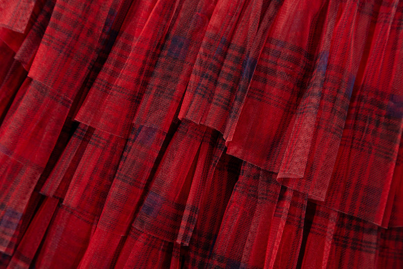 Rythmera Plaid Asymmetric Layered High Low Tulle Skirt