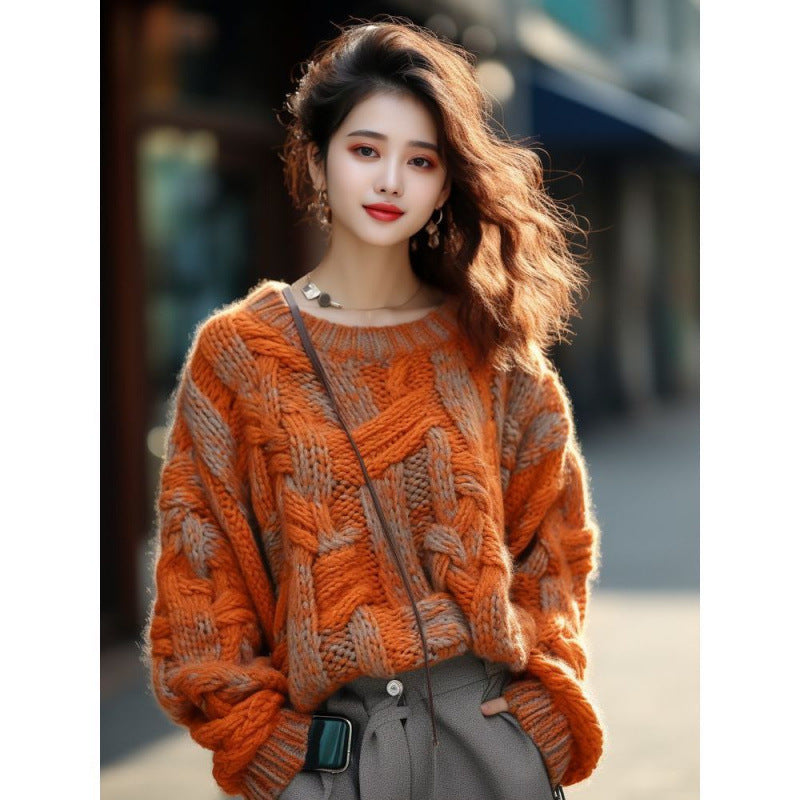 Runessa Orange Classic Cable Woven Style Chunky Sweater