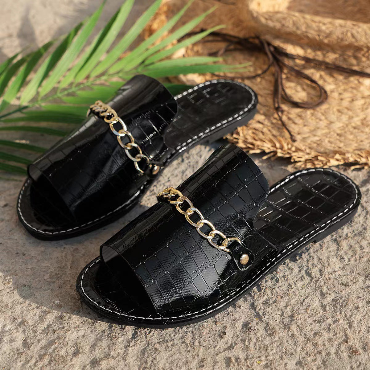 Athenian Pattern Chains Sandals Summer Open Flat Slides Shoes Women Casual Vacation Beach Slippers