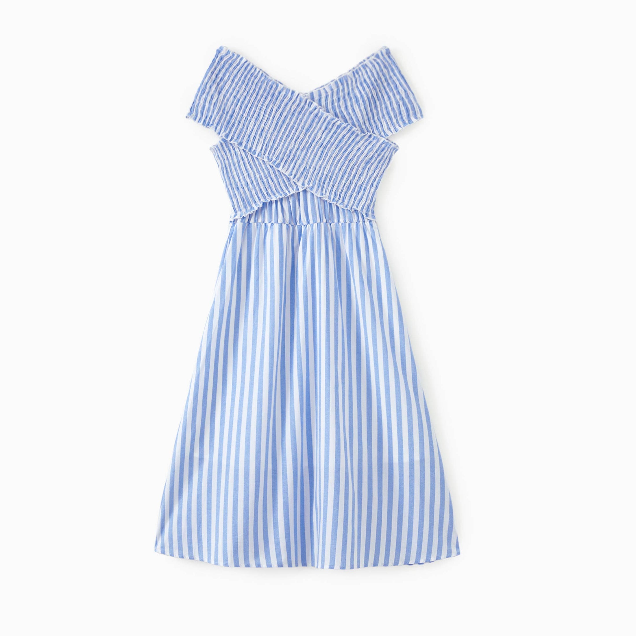 Family Matching Blue Vertical Shirt or Off Shoulder Dress