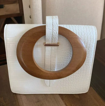 Izzy Wooden Handle White Crossbody  Clutch bag