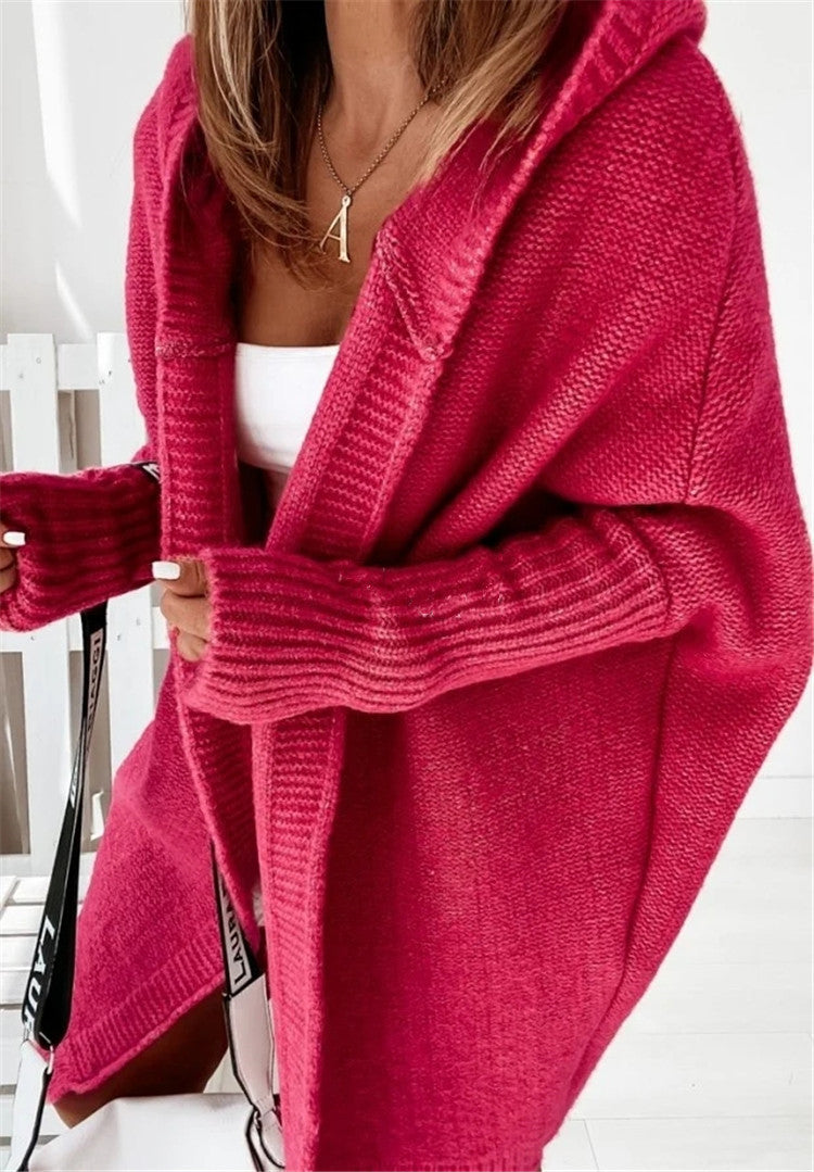 Melismae Oversized Solid Color Batwing Sleeve Open Style Hooded Sweater Knitted Cardigan