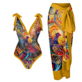 Load image into Gallery viewer, Ladies' One-piece Conservative Print Tummy Control Swimsuit and Sarong Set
