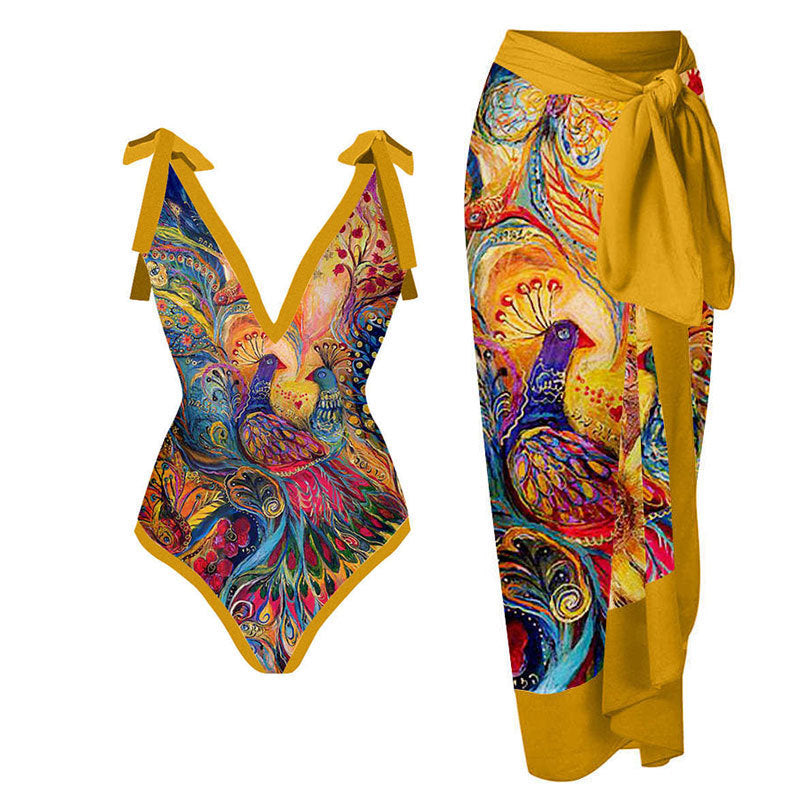 Ladies' One-piece Conservative Print Tummy Control Swimsuit and Sarong Set