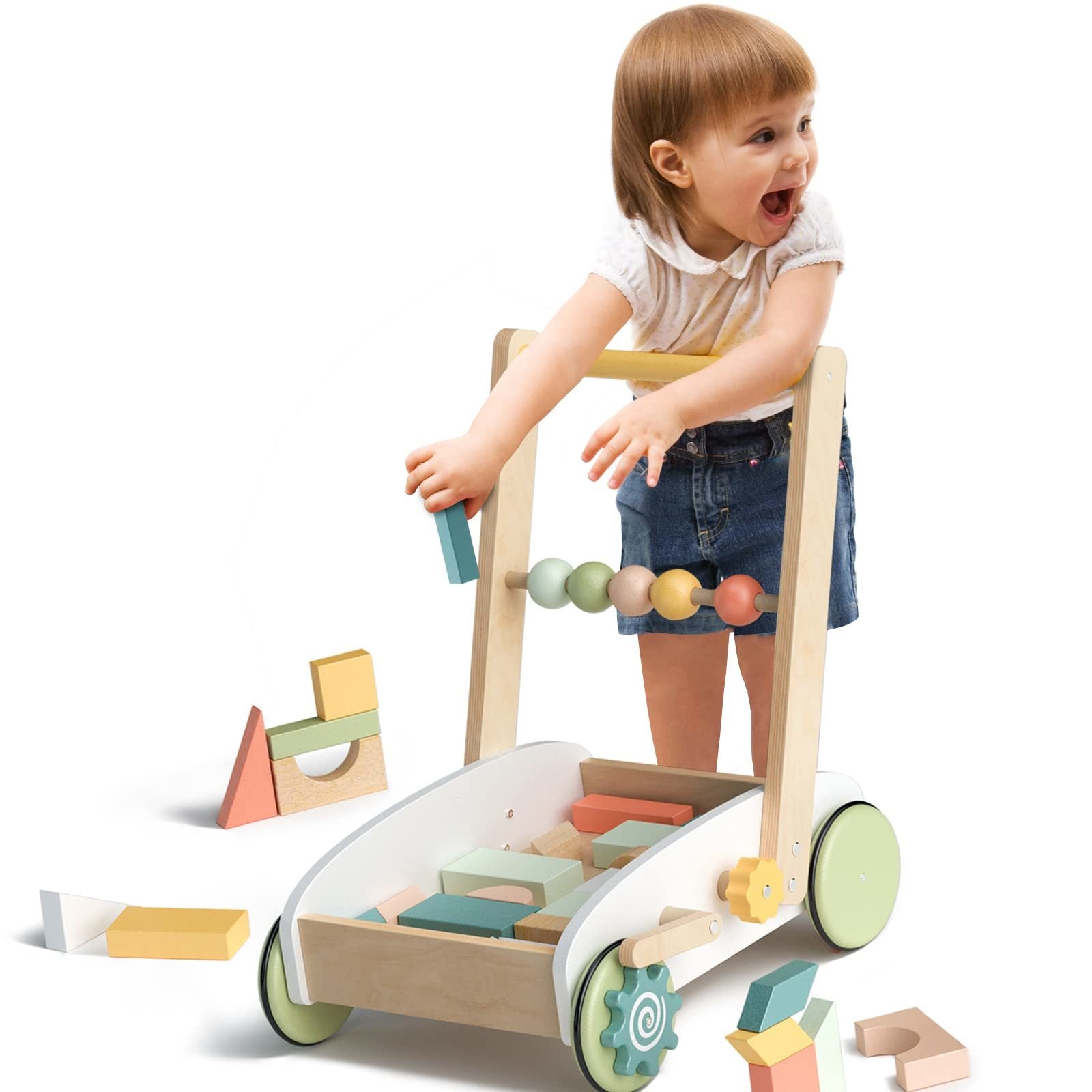 Wooden Baby Push Walker Toy with Blocks Learning Walker Toddler