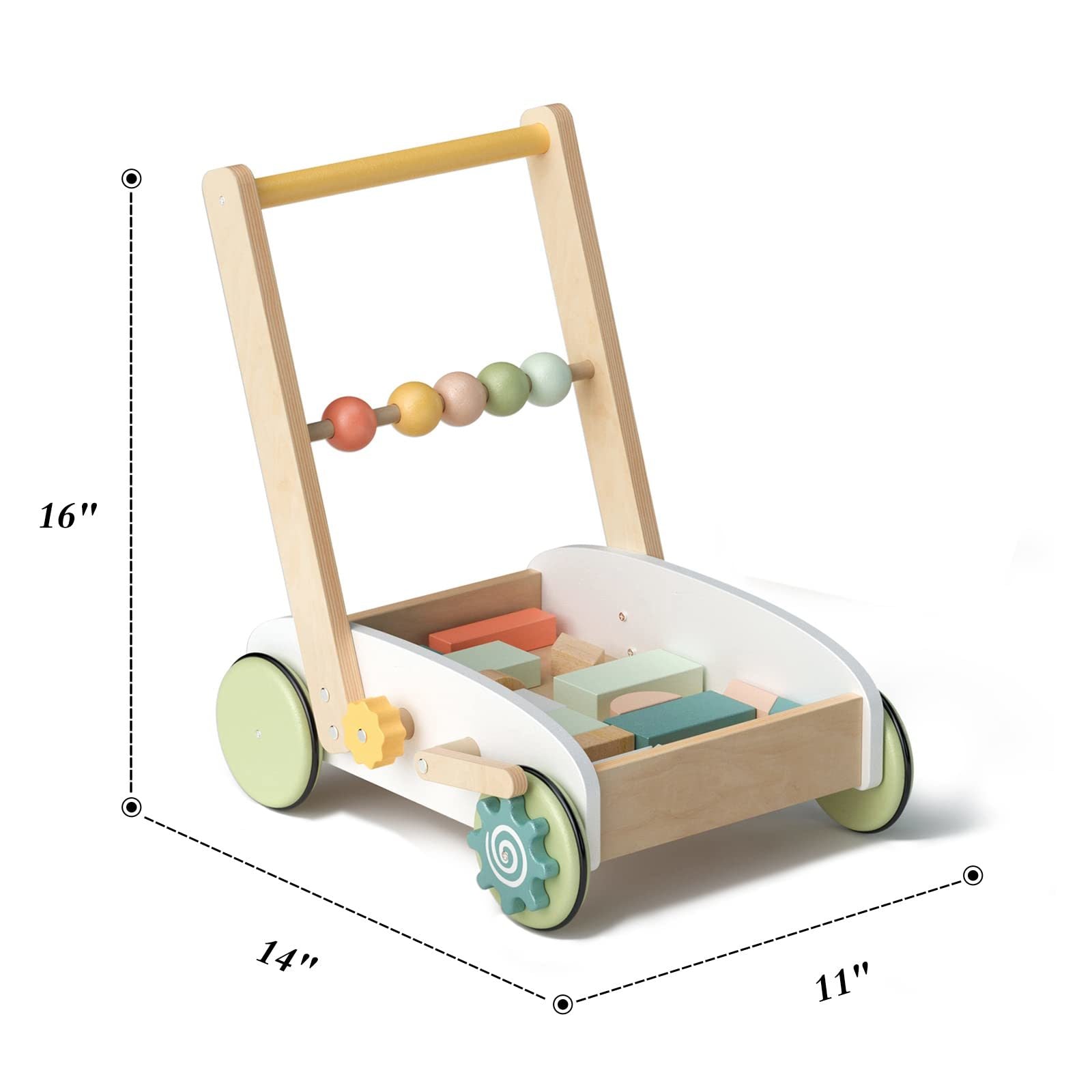 Wooden Baby Push Walker Toy with Blocks Learning Walker Toddler Measurements 16"H x 14"D x 11"W