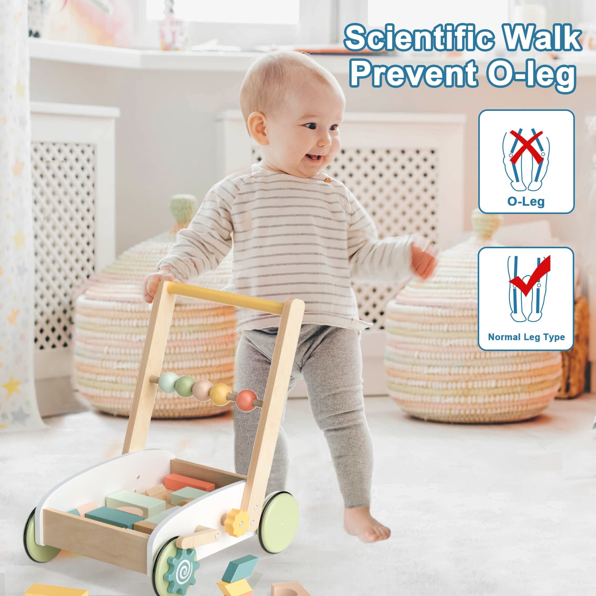 Wooden Baby Push Walker Toy with Blocks Learning Walker Toddler Leg development