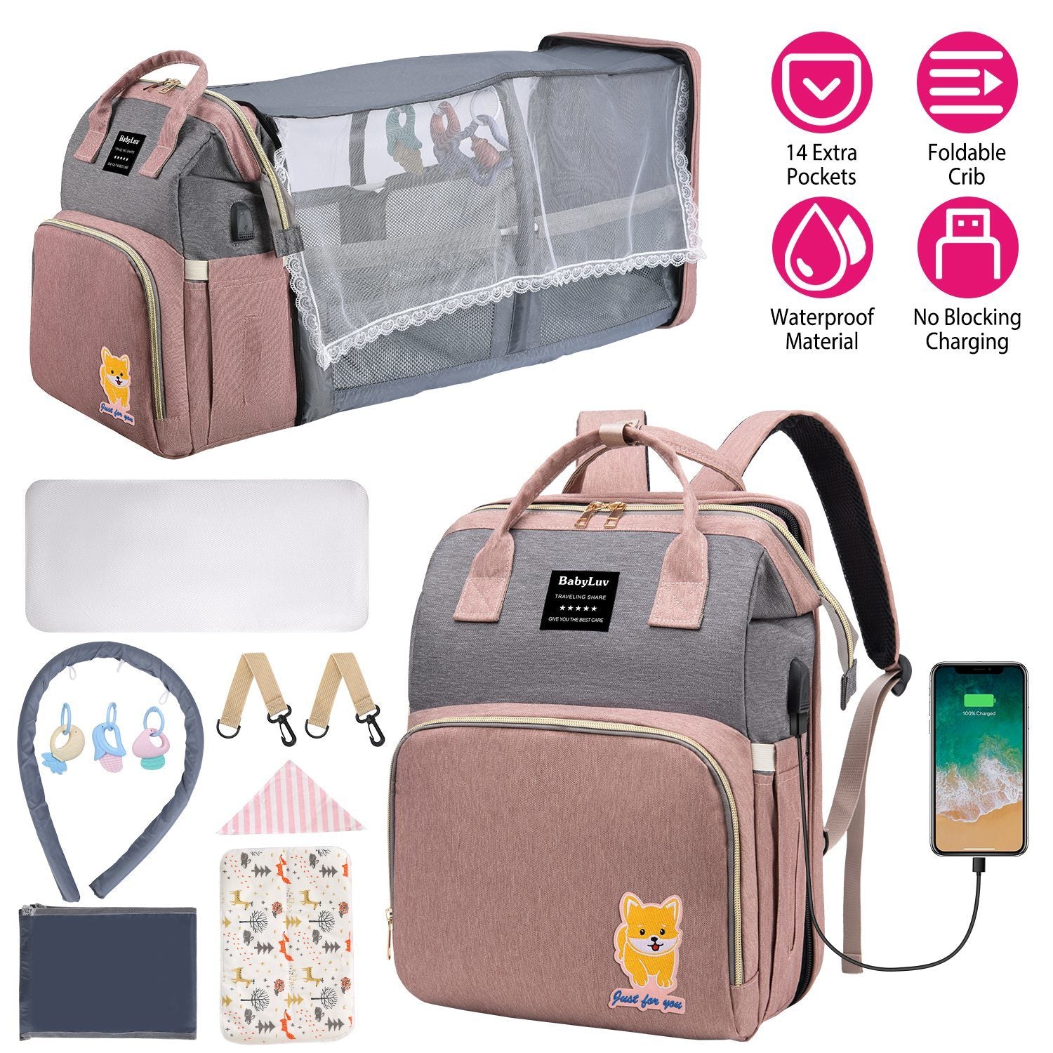 Multifunctional Diaper Bag Backpack Waterproof Mommy Bag for Baby with Insulated Pockets Diaper Pad Toys Burp Cloth USB Port