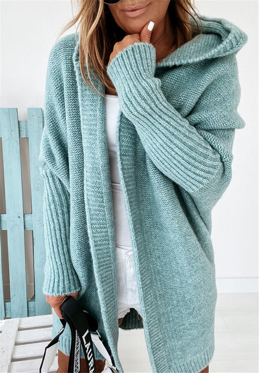 Melismae Oversized Solid Color Batwing Sleeve Open Style Hooded Sweater Knitted Cardigan