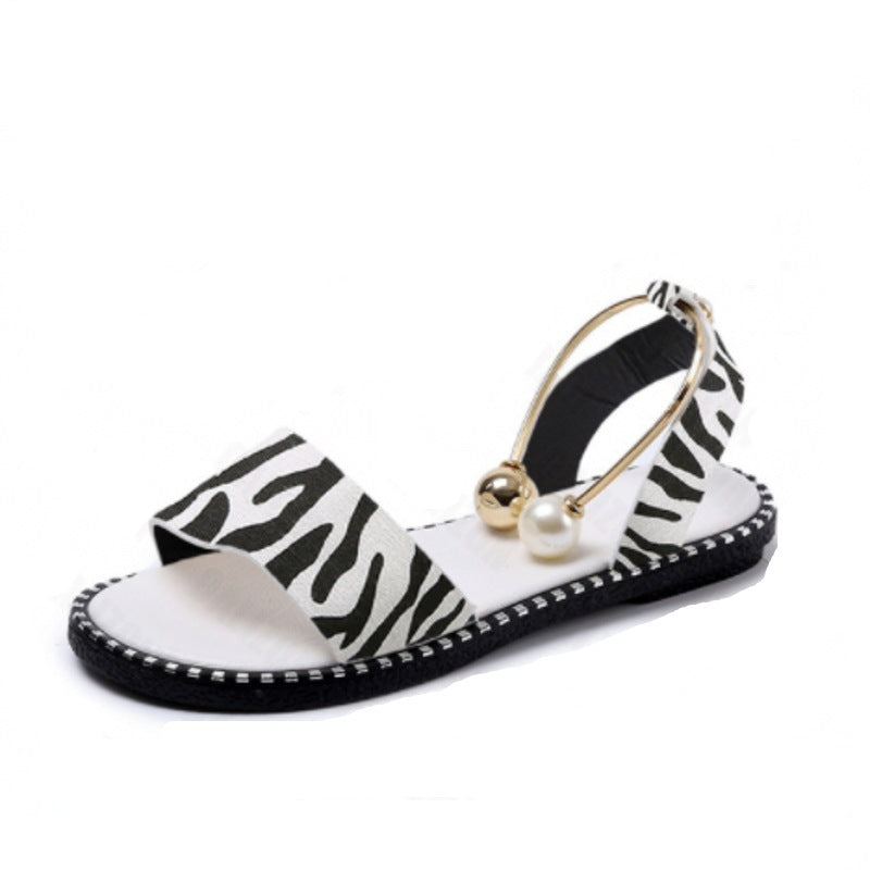 Kenya Open Toe Pearl and Gold Sandals Flats Ankle Metallic Ring Slides Comfort Walking Shoes