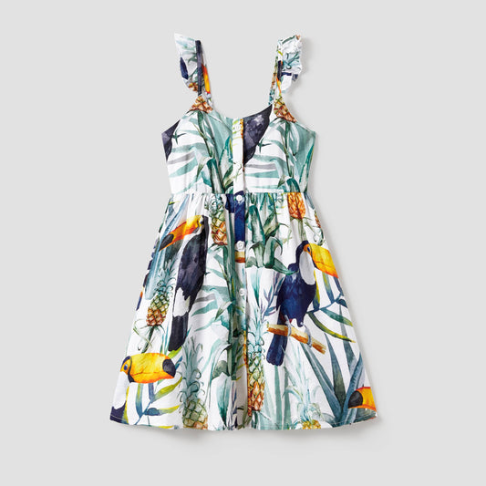 Family Matching Colorblock T-Shirt and Pineapple Strap Dress