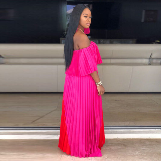 Fantasia Off-The-Shoulder Color Block Maxi Hot Pink Dress