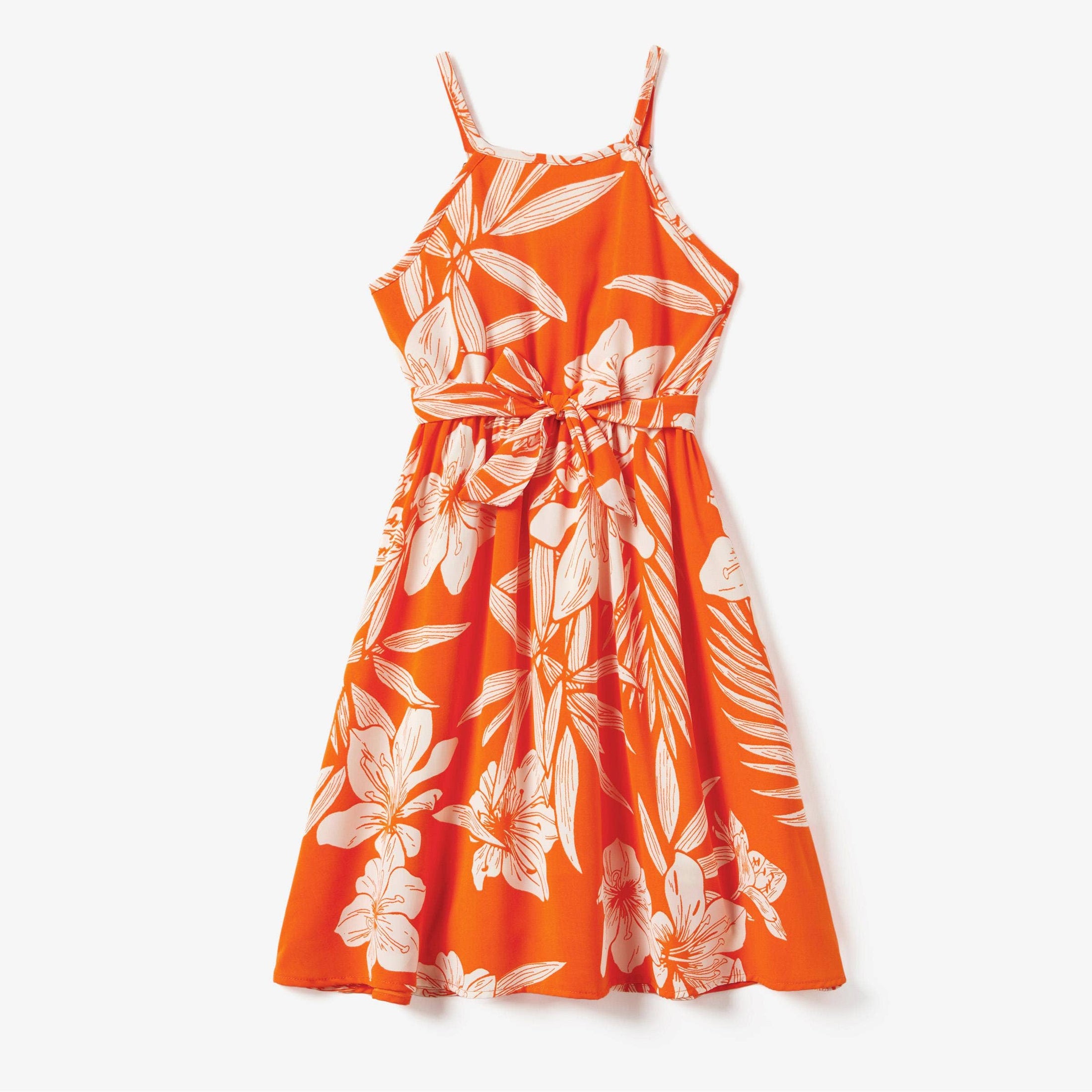 Family Matching Orange Beach Shirt & Floral Strap Dress Sets