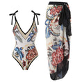 Load image into Gallery viewer, Ladies' One-piece Conservative Print Tummy Control Swimsuit and Sarong Set
