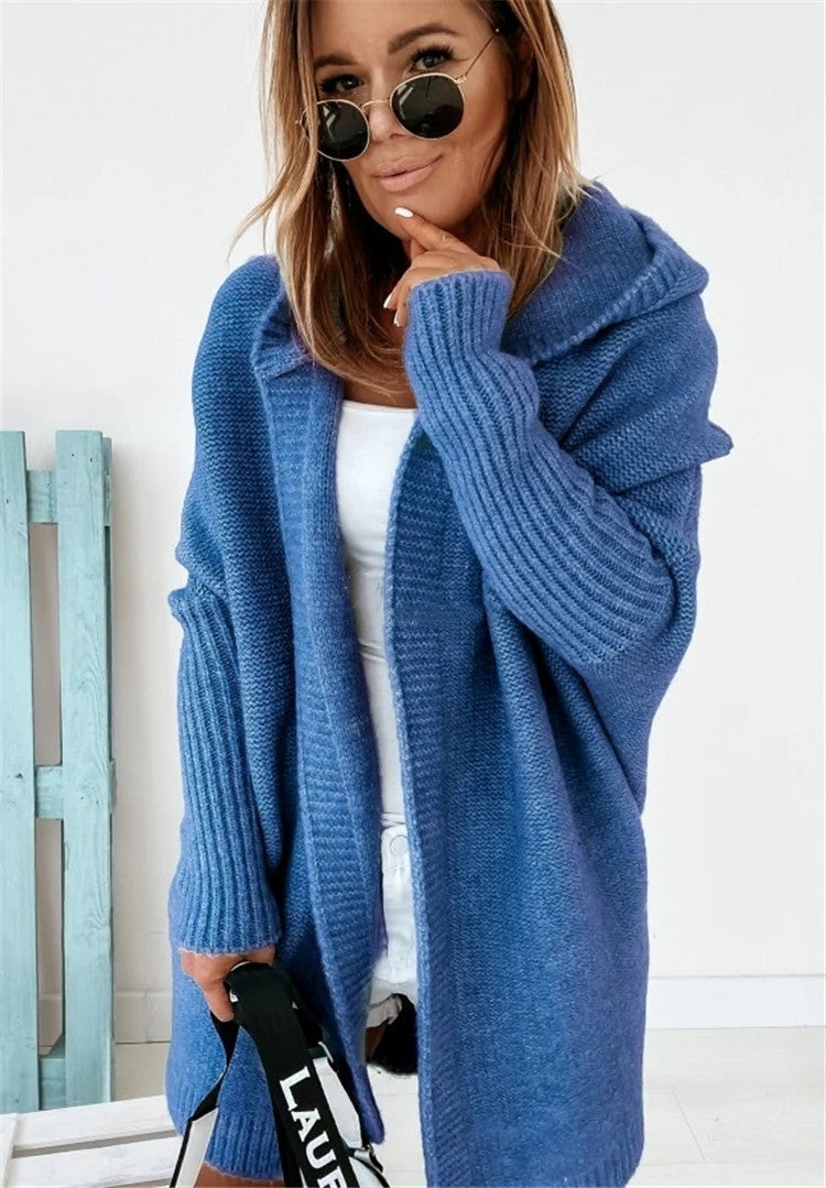 Melismae Oversized Solid Color Batwing Sleeve Open Style Hooded Sweater Knitted Cardigan