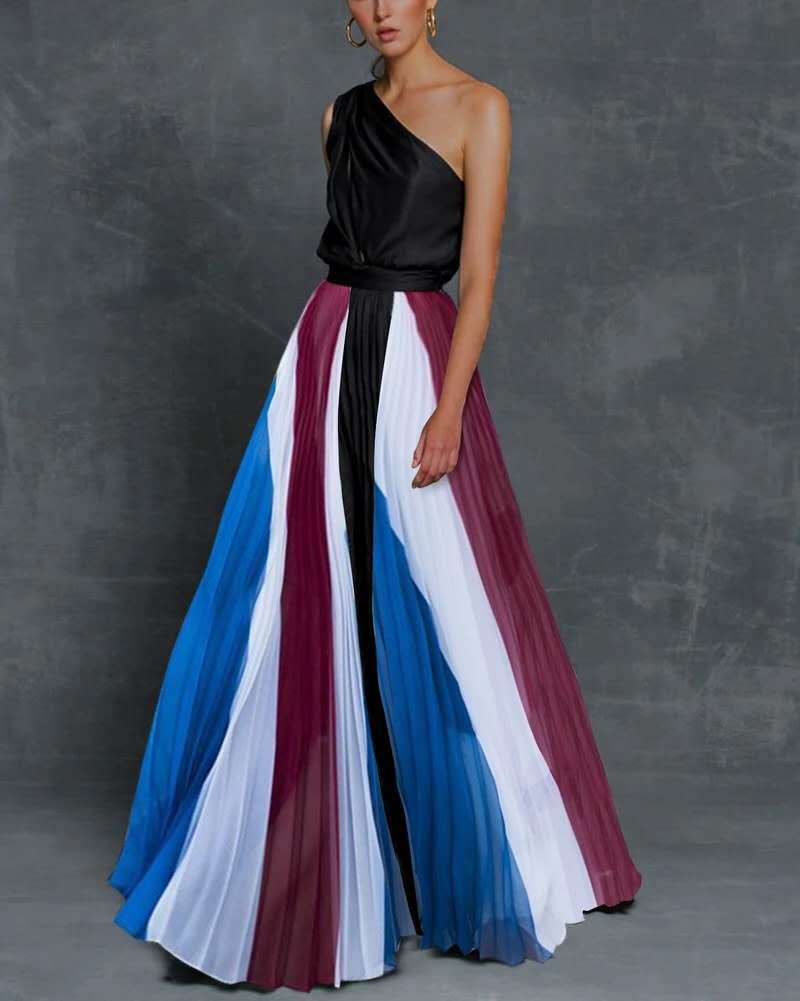 Maya One Shoulder Color Blocking Pleated Maxi Gown