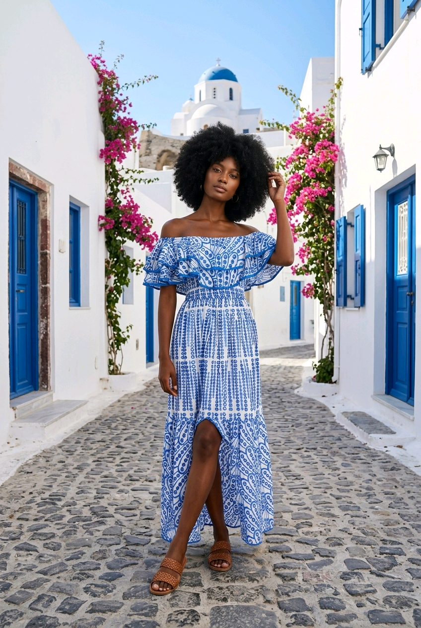 woman wearing blue embroidered off shoulder maxi dress walking by Grecian house spring outfit
